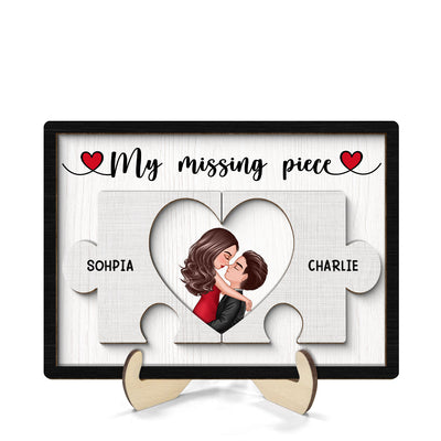 Couple Kissing Missing Piece In Puzzles Personalized 2-layer Wooden Plaque, Valentine‘s Day Gift For Him, For Her