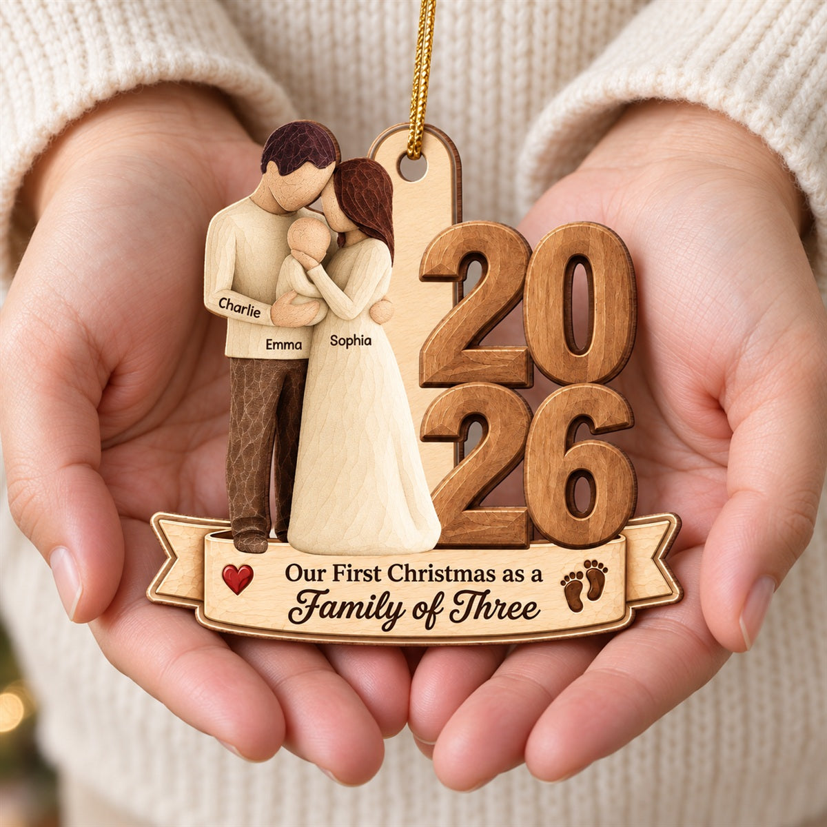 Our First Christmas As Family Of Three Custom Year 2D Flat Printed - Personalized Wooden Ornament - Christmas Tree Keepsake For New Parents