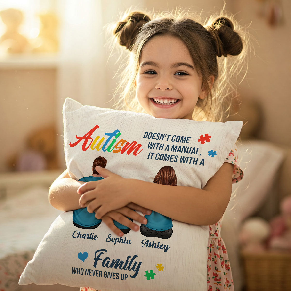 Autism Comes With A Family Never Give Up Family Back View Personalized Pillow