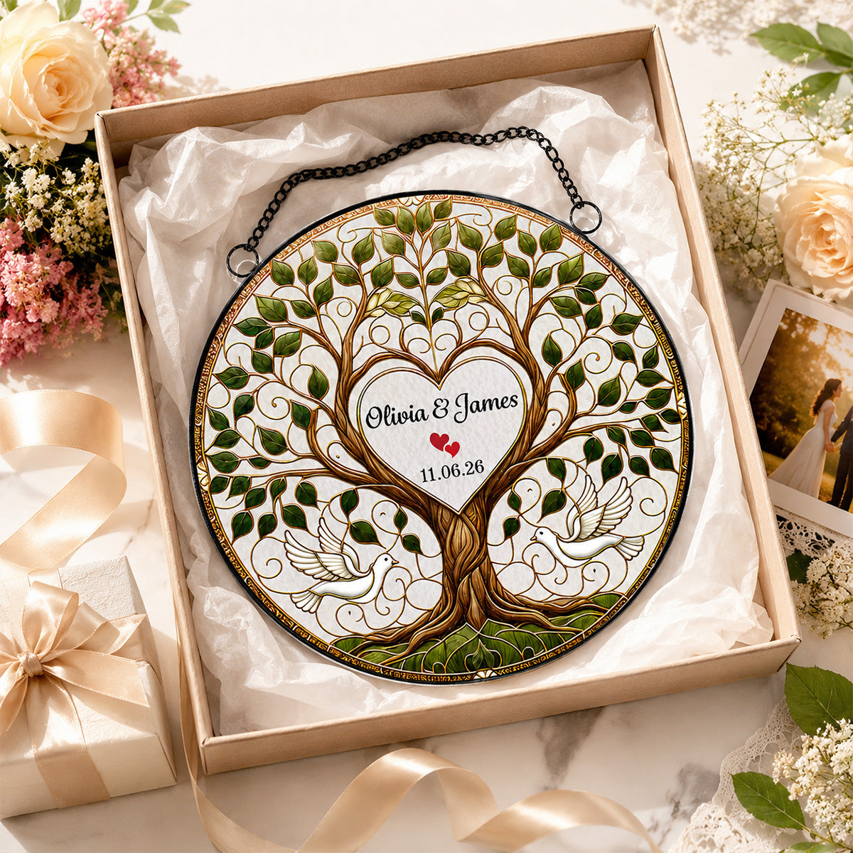 Wedding Tree Of Life With Doves - Personalized Acrylic Window Hanger - Wedding Keepsake, Anniversary Gift For Couples