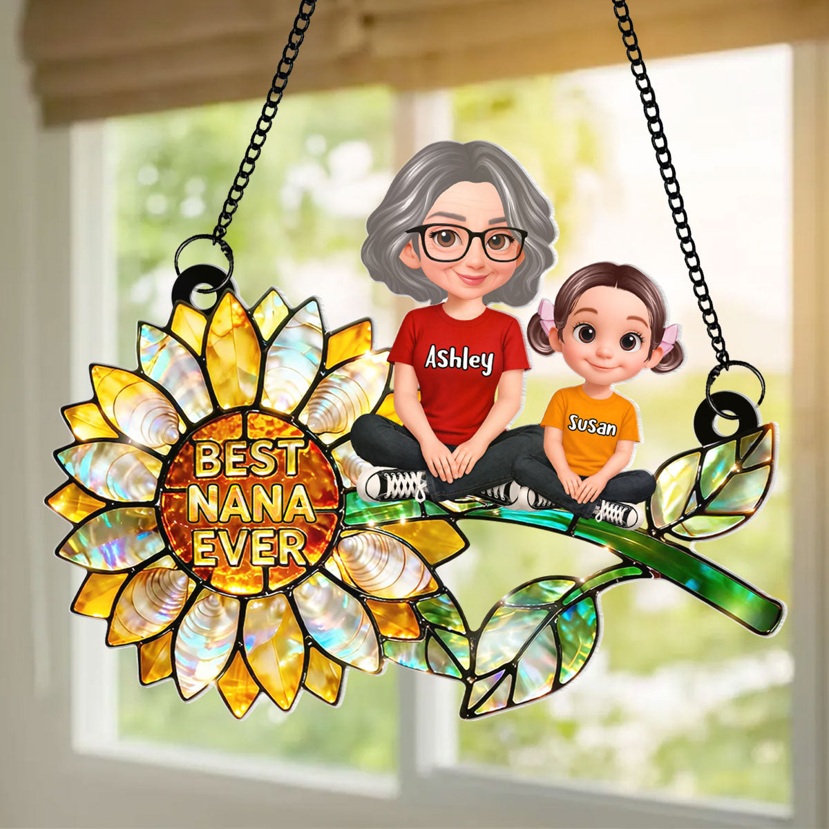 Sunflower Grandma and Grandkids Sitting - Personalized Window Hanging Suncatcher - Mother's Day Gift for Mom, Wife