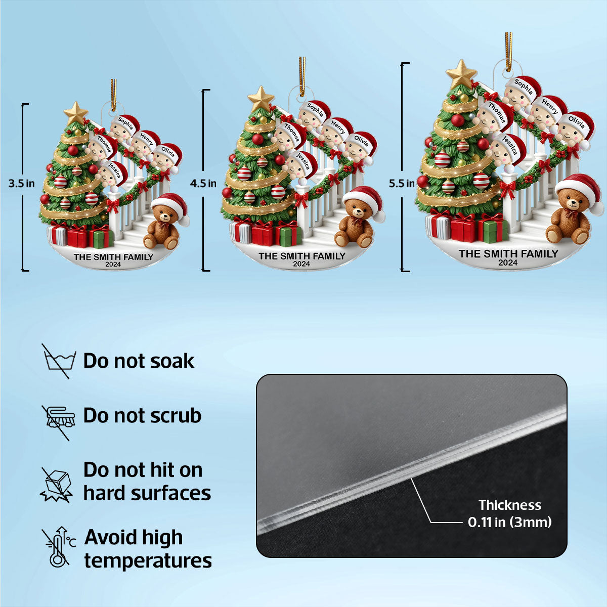 Family Members On Christmas Stairs 3D Effect Personalized Acrylic Flat Ornament