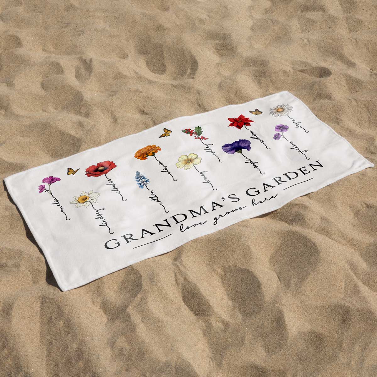 Grandma‘s Garden Love Grows Here Beautiful Birth Month Flower Gift For Grandma Mom Personalized Beach Towel