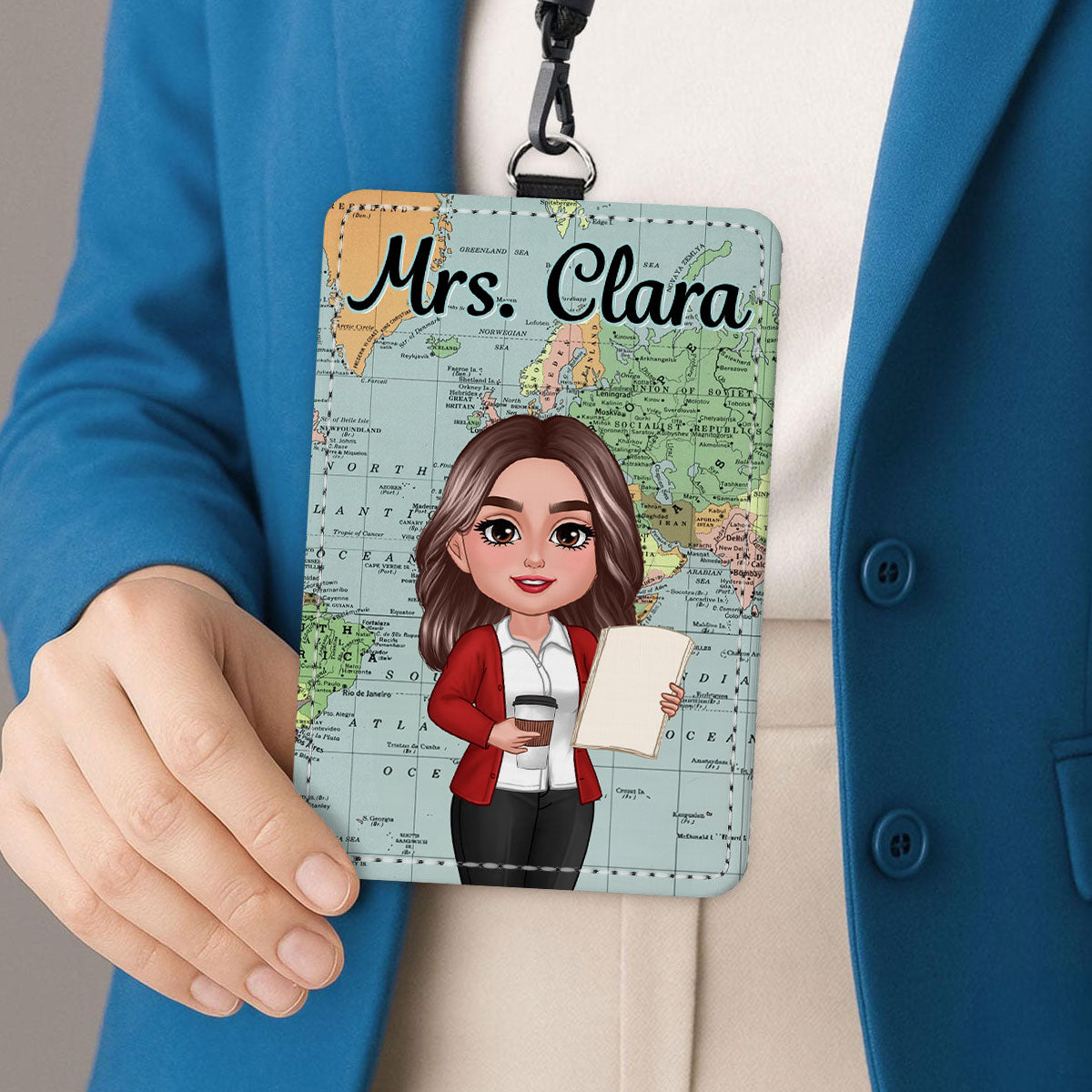 World Map Adventure Themed Teacher Personalized ID Badge Holder, Back To School Gift