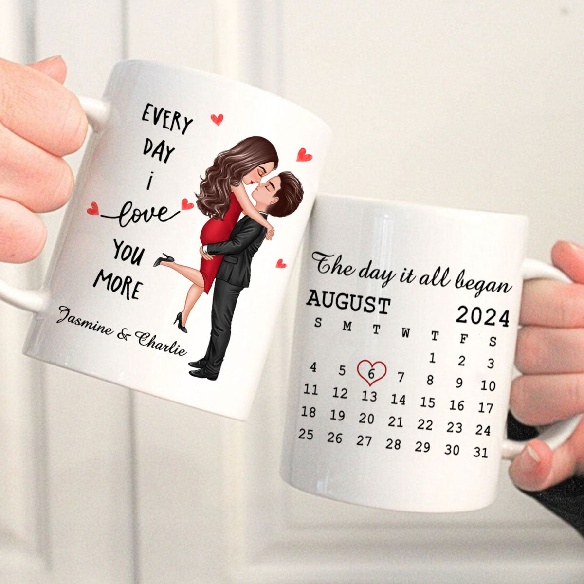 Everyday I Love You More Couple Hugging Kissing Calendar Keepsake  Gift Personalized Mug