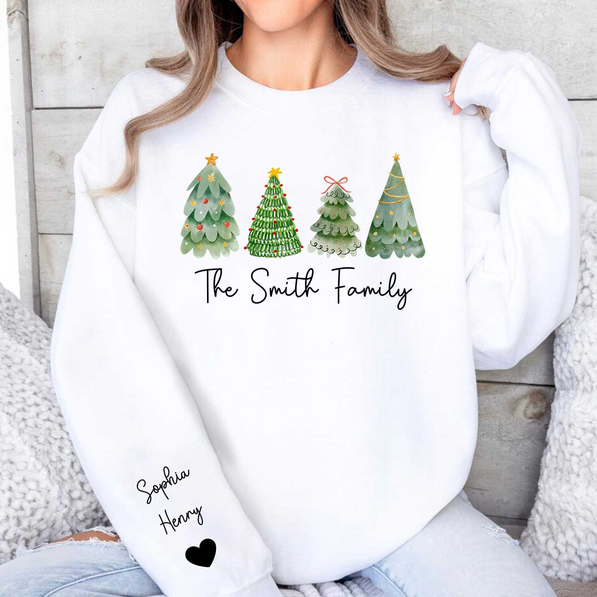 Family Christmas Tree Watercolor Personalized Sleeve Printed Sweatshirt