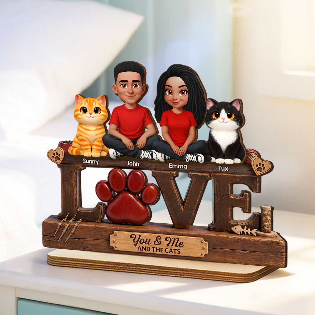 You & Me And The Cat - Personalized 2-Layered Wooden Plaque - Heartfelt Father's Day Gift For Cat Dad
