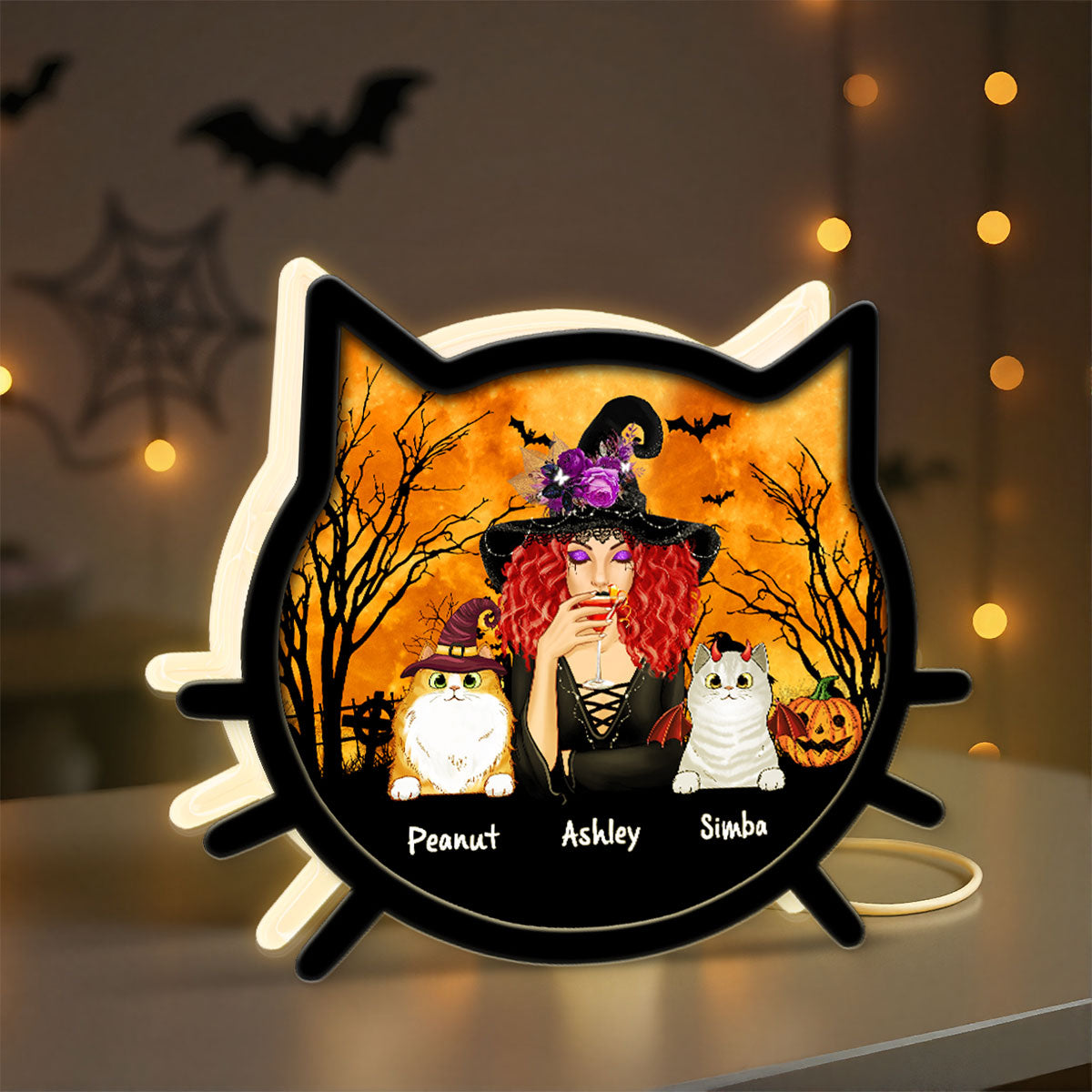 Spooky Halloween Theme Cat Mom Cat Face Personalized LED Light Box