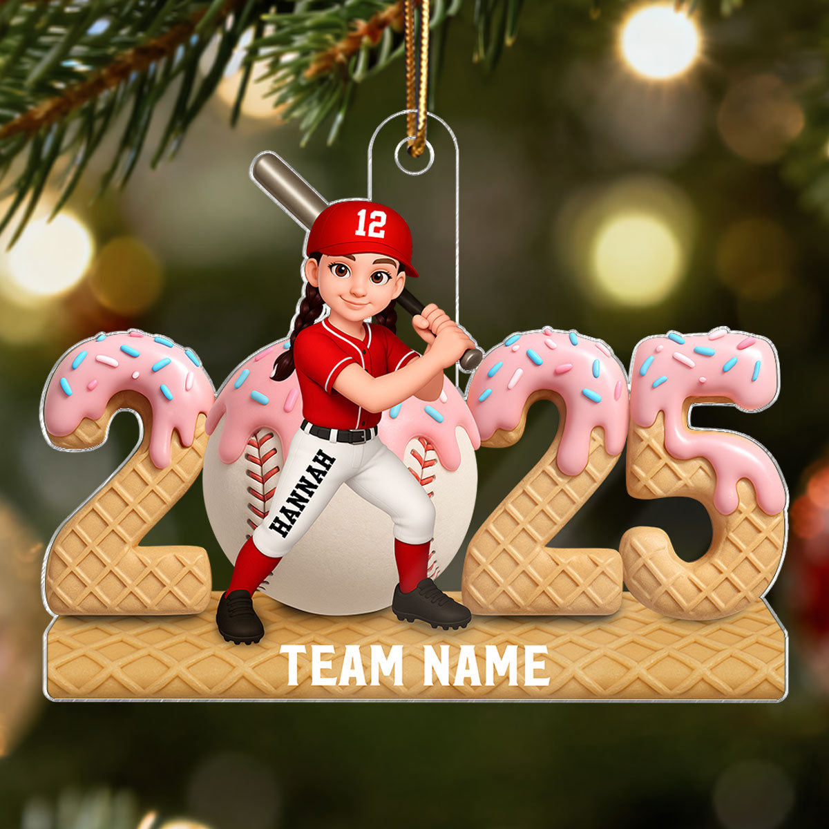 3D Effect Ice Cream Drip Sprinkles Teen Girl Boy Baseball Player - Personalized Acrylic Ornament - Christmas Gift For Kids, Granddaughter, Grandson, Daughter, Son