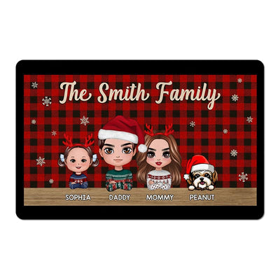 Doll Family Dad Mom Kids Dogs Cats Checkered Pattern Christmas Personalized Doormat