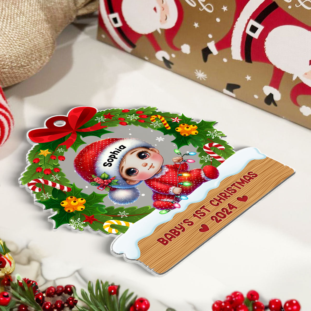 Baby's First Christmas Wreath Personalized Acrylic Ornament, Baby's First Christmas Keepsake for New Mom New Dad