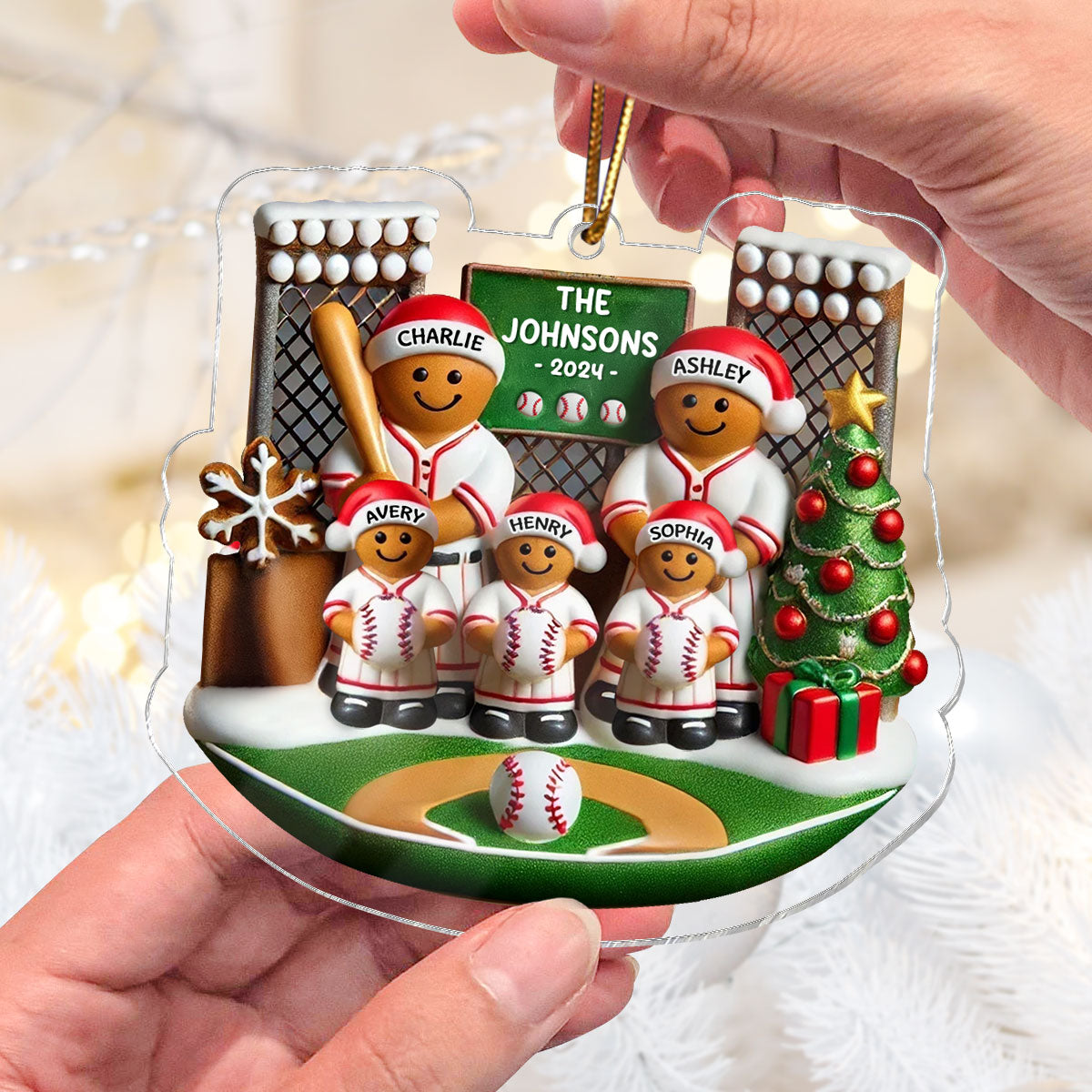 3D Effect Baseball Gingerbread Family On Field Sport Lover Personalized Acrylic Ornament