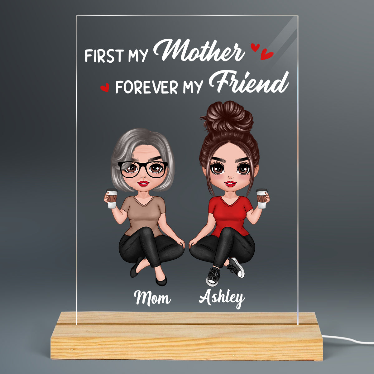 Doll Mom And Daughters Sitting Personalized Rectangle Acrylic Plaque LED Night Light