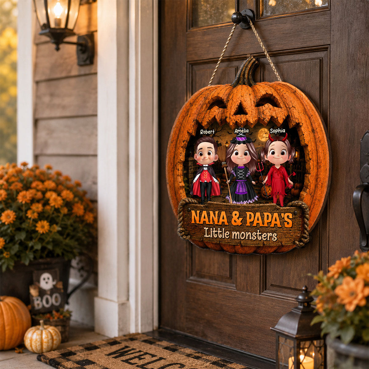 Grandpa & Grandma's Little Monsters - Personalized Wood Sign - Halloween Decor For Grandparents