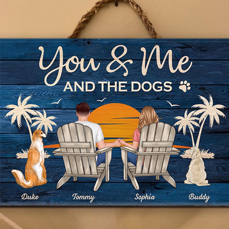 You & Me and The Dogs Couple Sitting Personalized Wood Sign