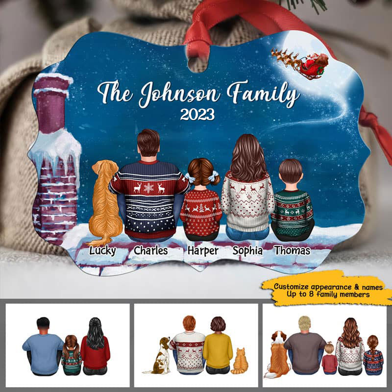 Family Couple Kid Dog Cat Back View On Roof Personalized Christmas Ornament