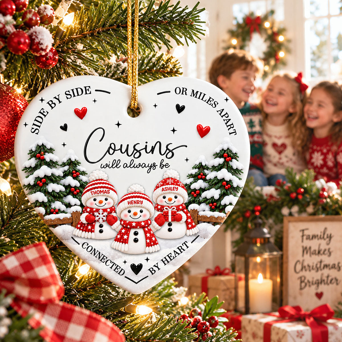 Cousins Connected By Heart - Personalized Ceramic Ornament - Christmas Gift For Cousins, Family