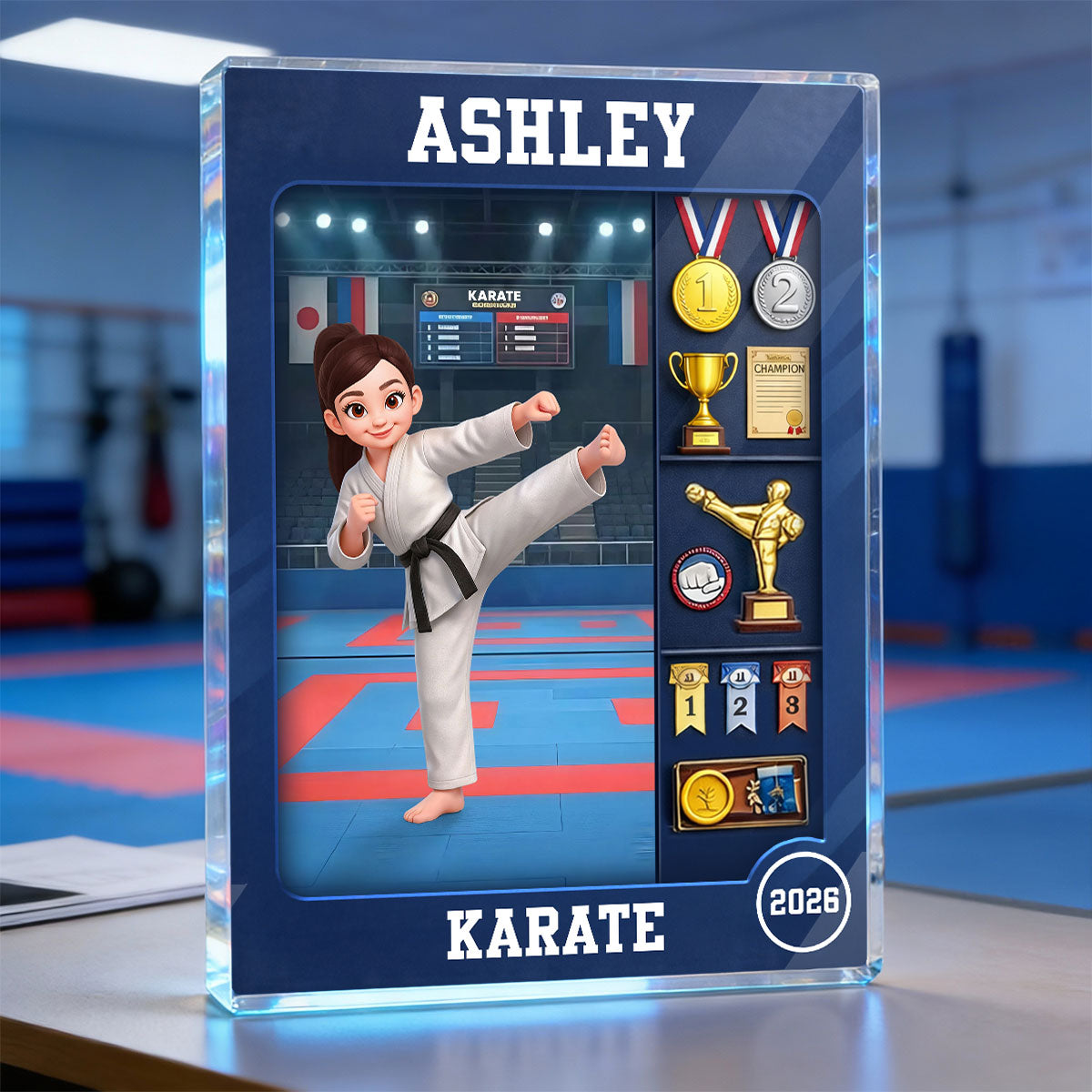 Karate Woman Action Figure - Personalized Acrylic Block Plaque - Gift For Karateka