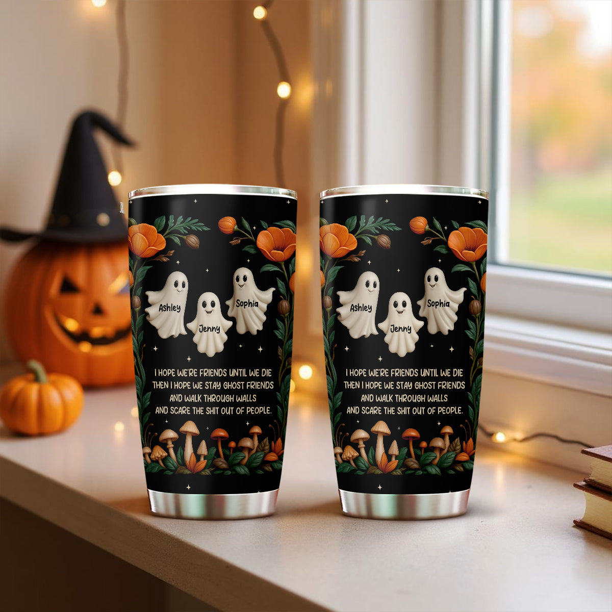 Halloween Best Friends Ghosts 3D Effect Personalized Tumbler, Gift for Besties, Sisters