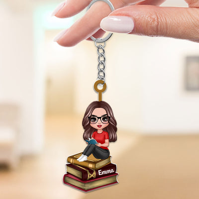 Reading Girls Sitting On Books Personalized Acrylic Keychain - Gift For Book Lover