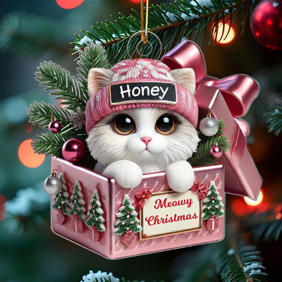 Cute Cat Inside Gift Box Personalized 2D Flat Acrylic Ornament, Christmas Gift for Cat Lovers
