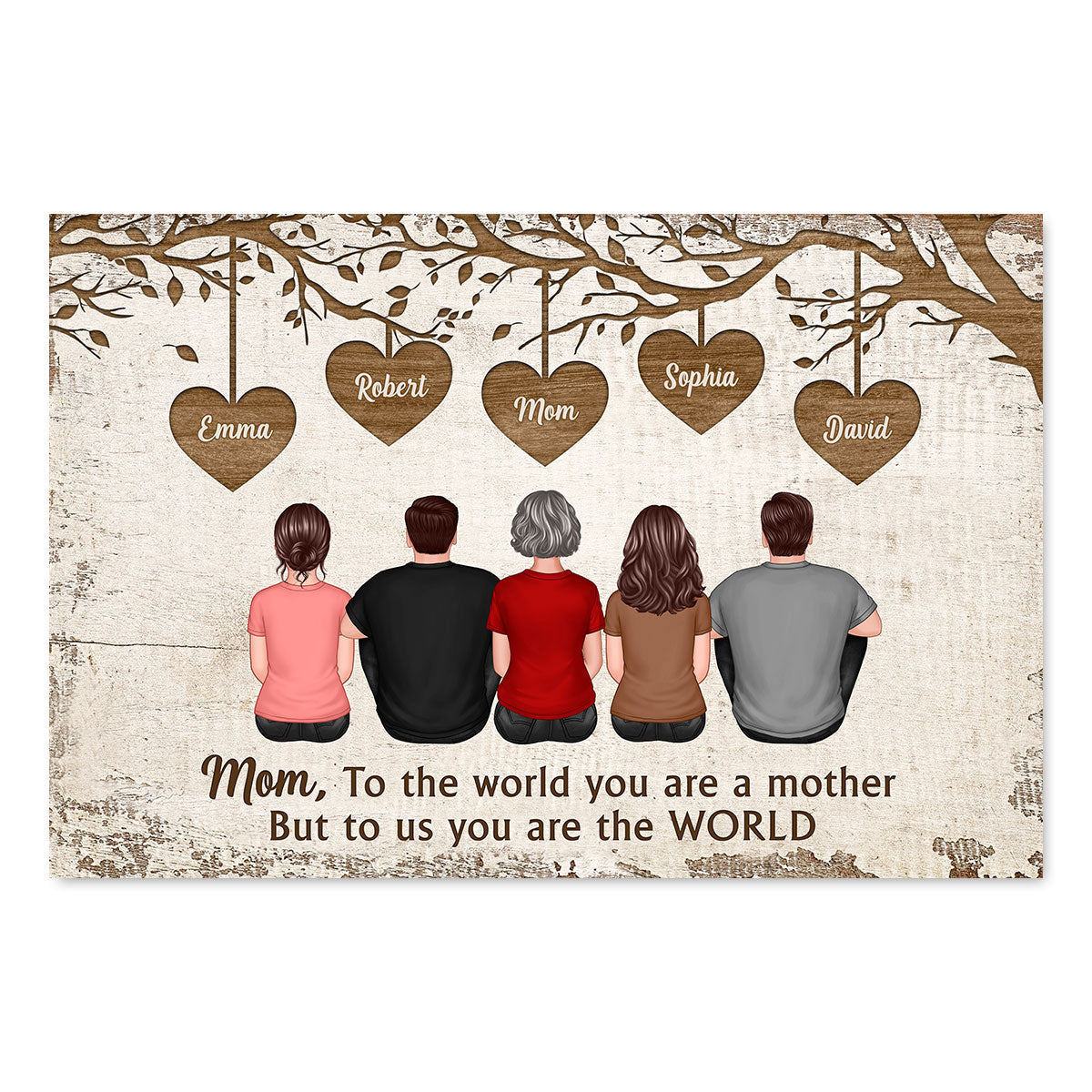 Back View Mom And Daughters Sons Sitting Under Heart Tree Mother‘s Day Gift For Mom Personalized Horizontal Poster