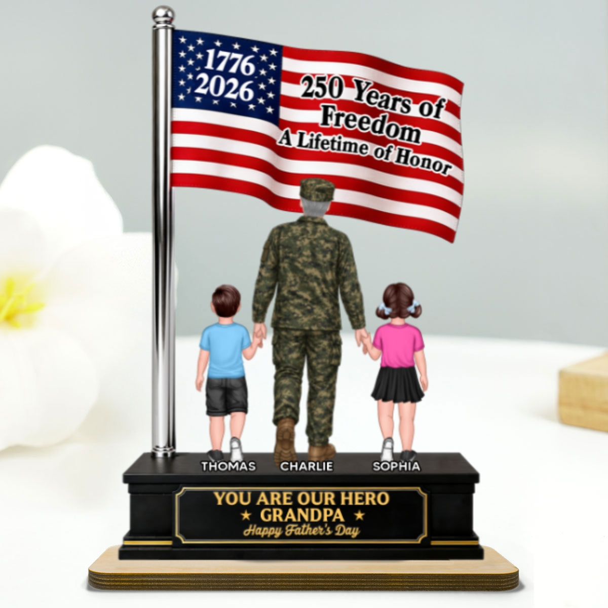 Proud American Army Military Veteran Grandpa Dad America 250th Anniversary - Personalized 2-Layered Wooden Plaque - Father's Day Gift For Dad, Grandpa Husband
