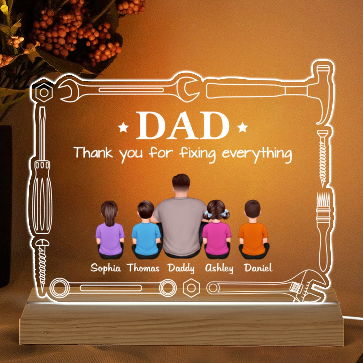 Tools Frame Back View Man Sitting With Kids Personalized Custom Shape Acrylic Plaque Warm LED Night Light