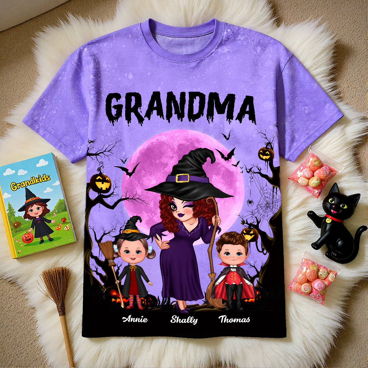 Pretty Grandma Witch & Kids Moon Bat Tree - Personalized 3D Shirt