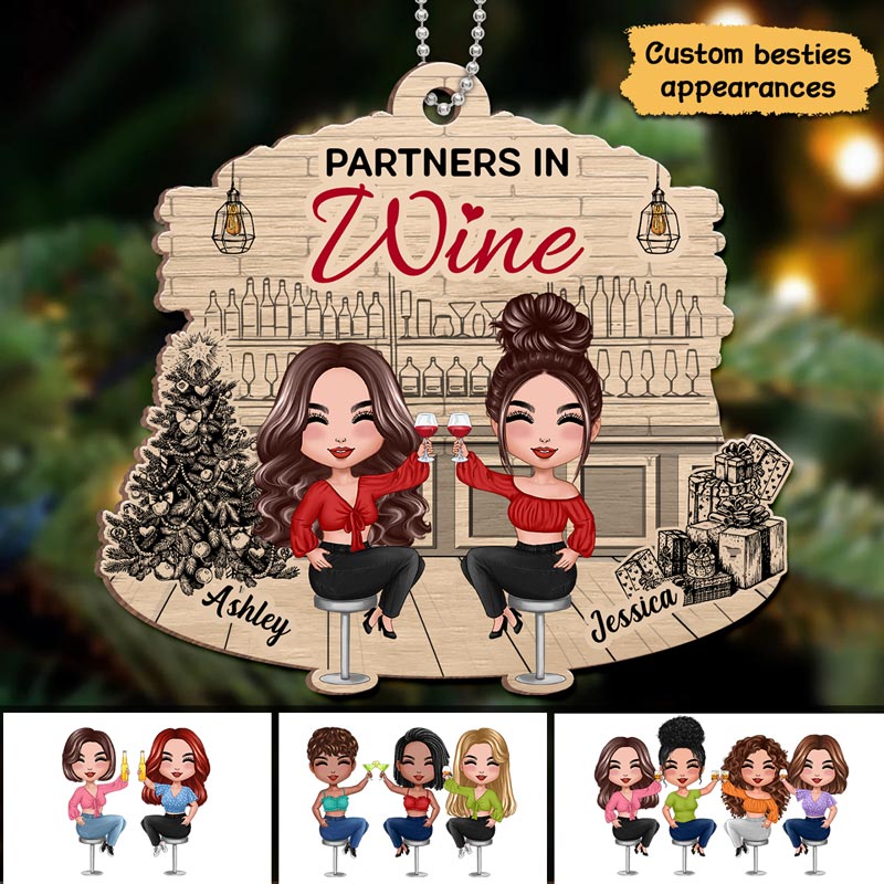 Besties Wine Bar Best Friends Christmas Personalized Wooden Ornament