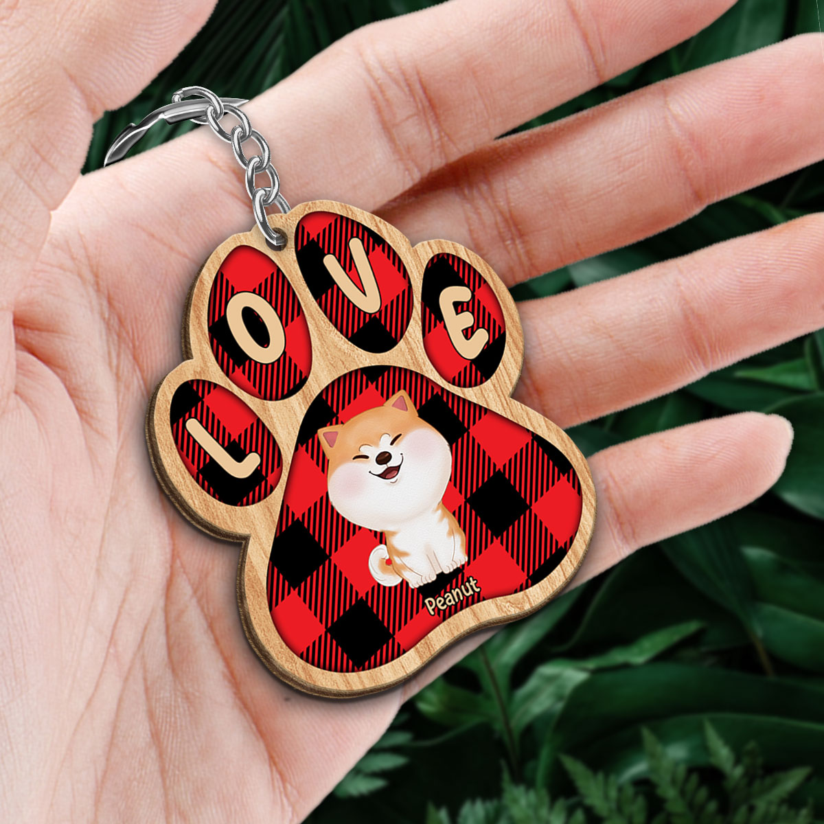 Checkered Paw Dog Mom Personalized Wooden Keychain