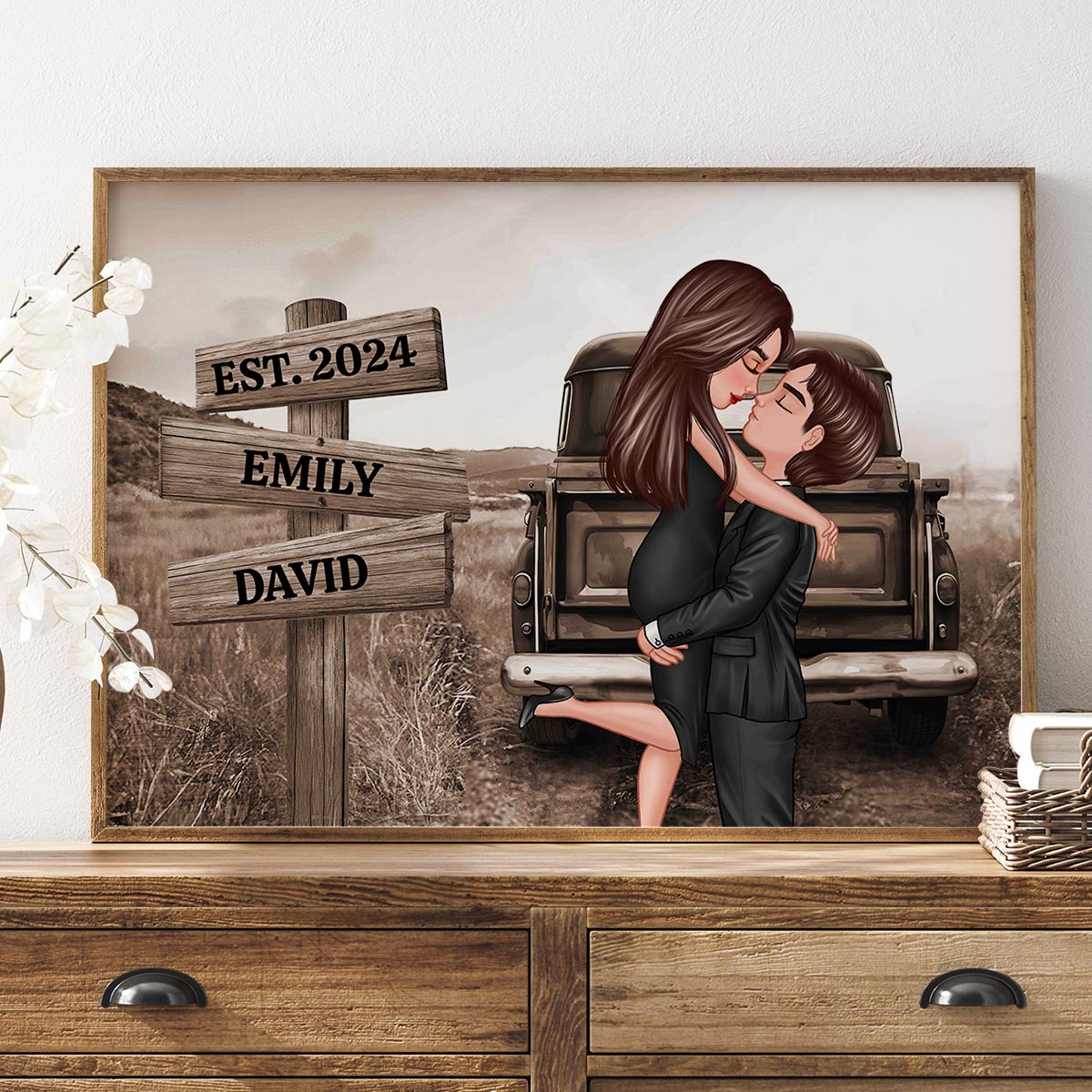 Couple Sign Post Retro Vintage Field Landscape Personalized Poster, Anniversary,  Gift for him, Gift for her