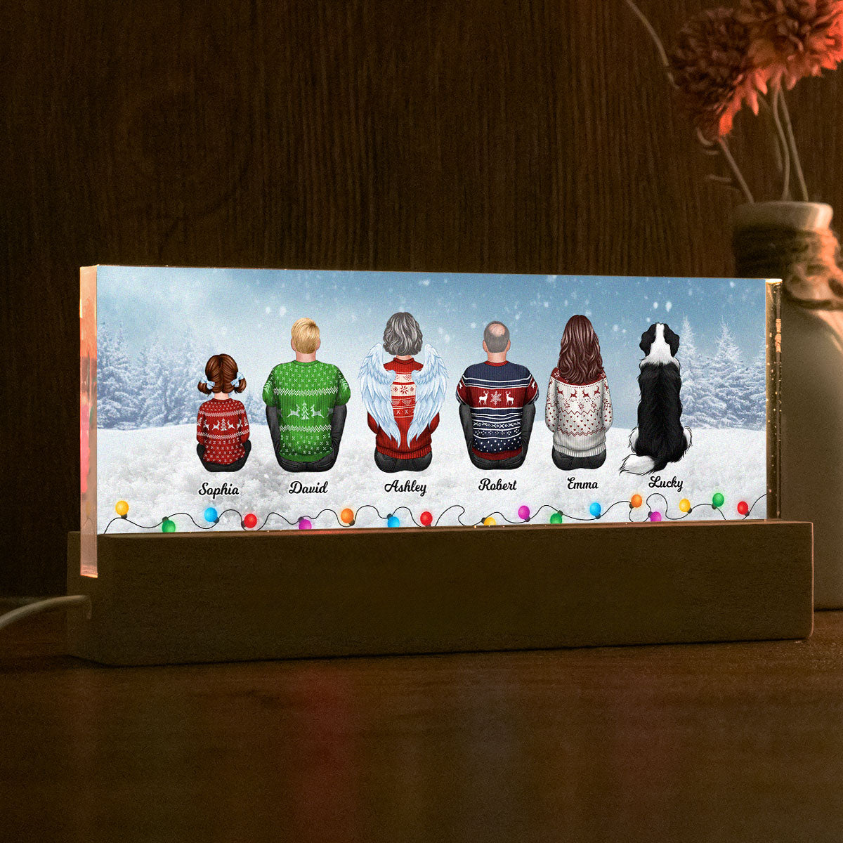 Family Back View Sitting In Snow Christmas Light Personalized Acrylic Block LED Night Light