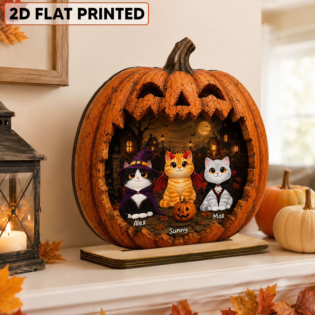 Spooky Halloween Pumpkin Cats 2D Flat Printed - Personalized 2-Layered Wooden Plaque - Halloween Decor For Cat Lovers