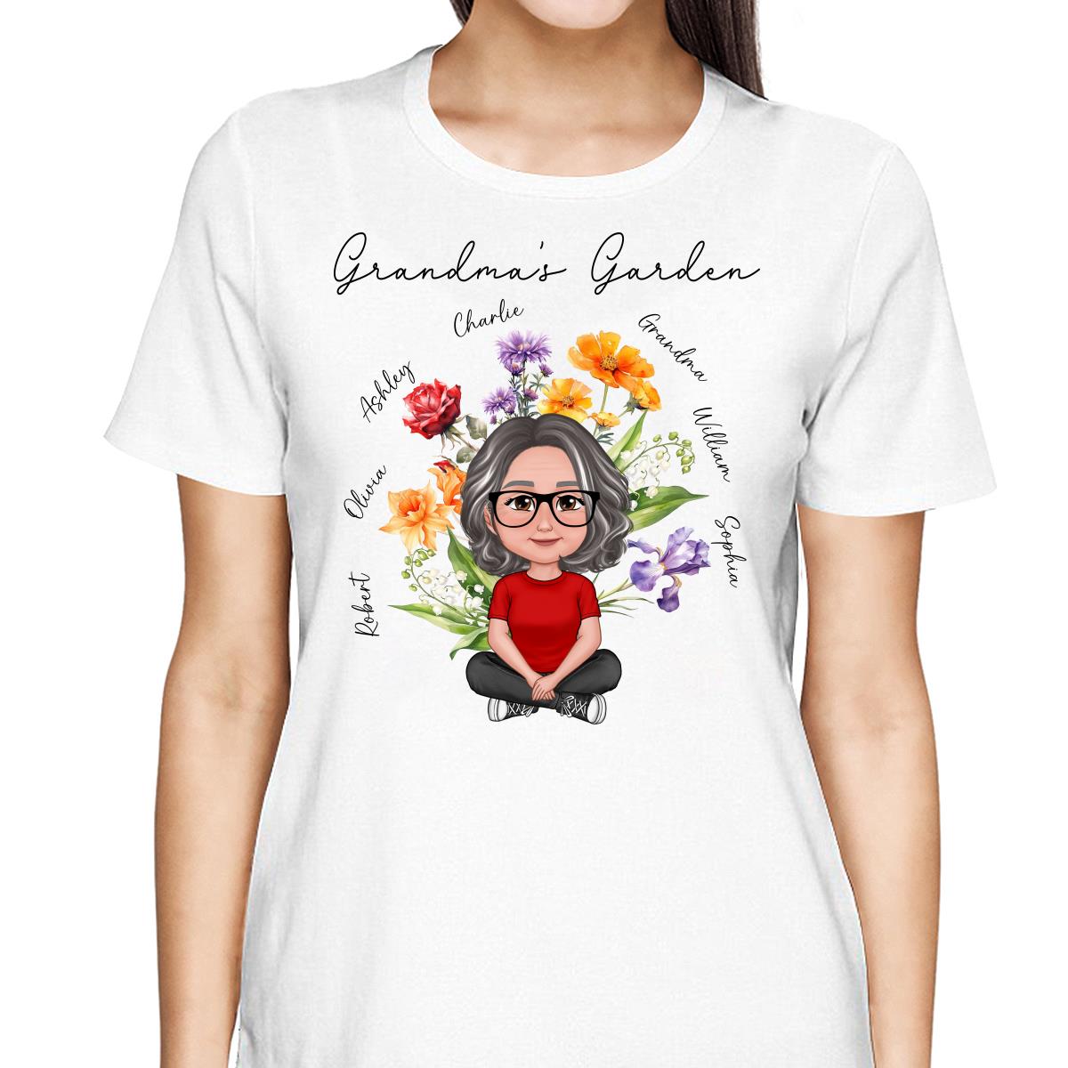 Grandma‘s Garden Crossed Legs Woman Grandkids Beautiful Birth Flower Personalized Shirt