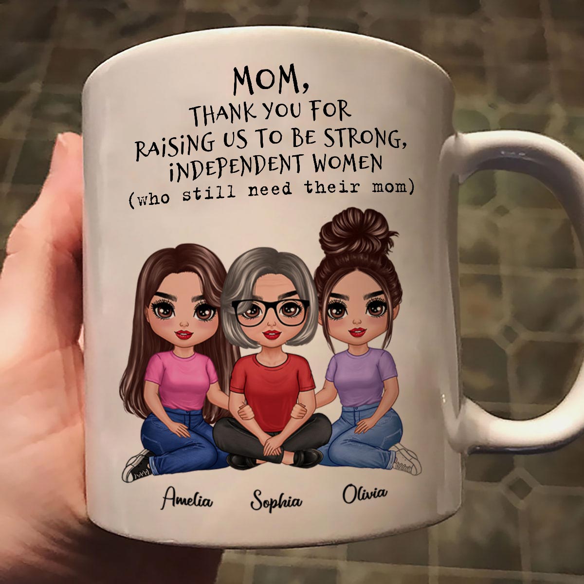 Embracing Doll Mom Daughter Sitting Thank You For Raising Independent Women Personalized Mug