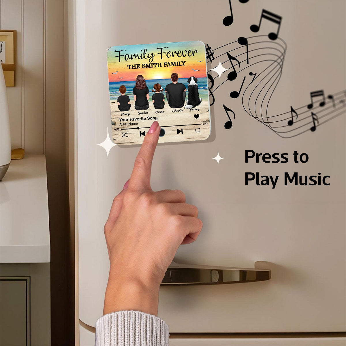 Family Beach Landscape Personalized Music Fridge Magnet, Heartfelt Gift For Family