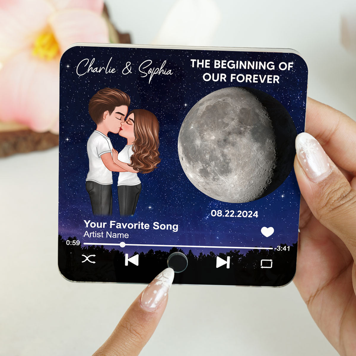 Couple Hugging Kissing Custom Moon Phases The Day We Met Personalized Music Fridge Magnet, Heartfelt Gift For Couple, For Him, For Her, Boyfriend, Girlfriend, Husband, Wife