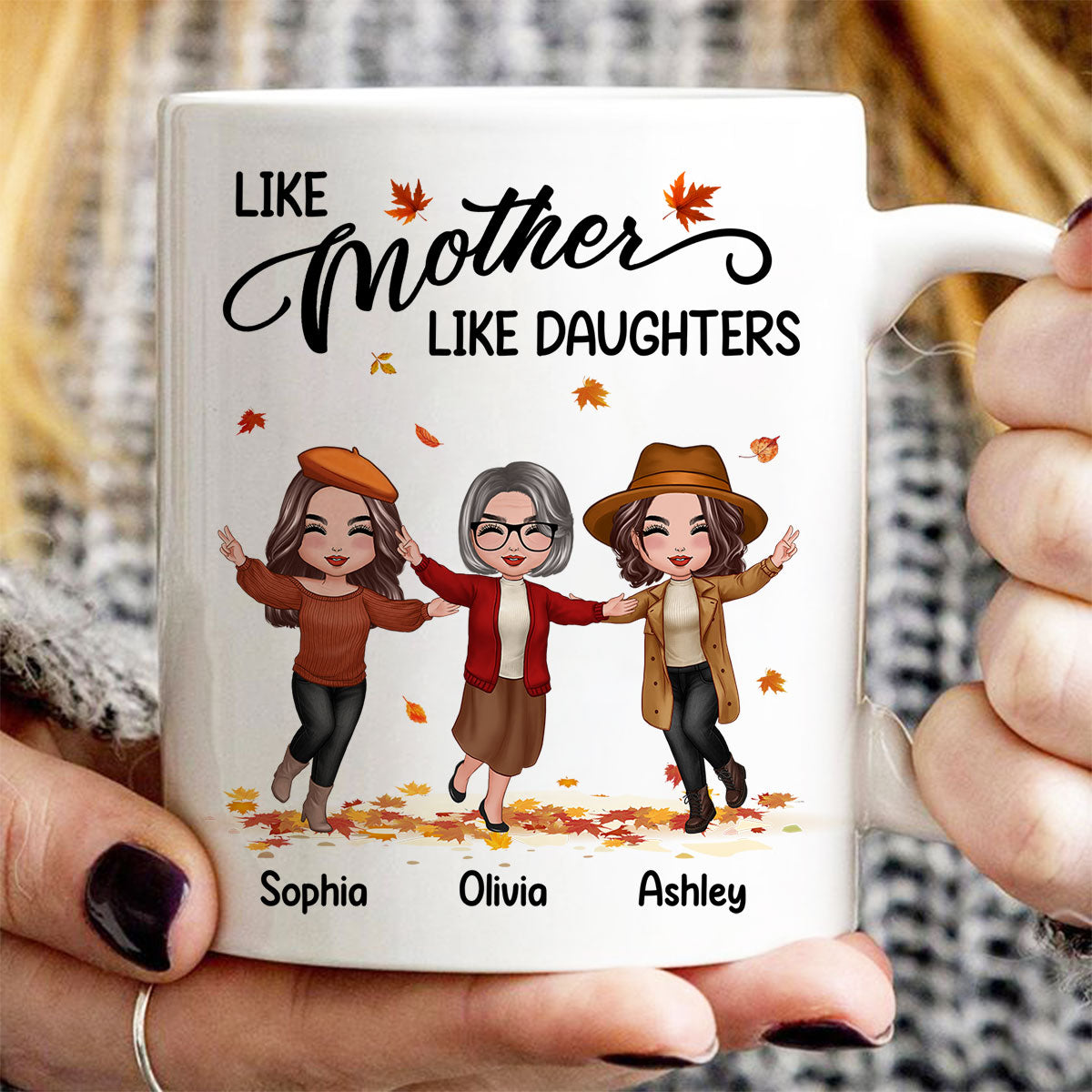 Fall Season Happy Doll Mom Daughters Playing With Autumn Leaves Personalized Mug
