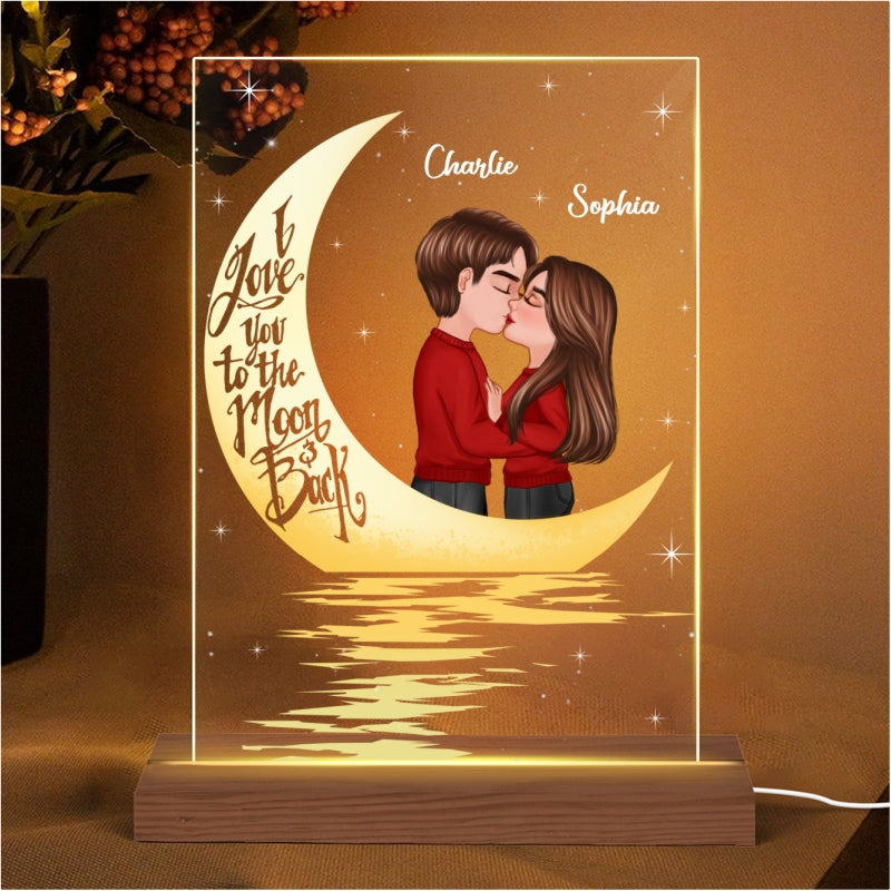 Couple Kissing In The Moonlight Personalized Plaque LED Night Light, Acrylic LED Lamp - Valentine‘s Day Gift For Him, For Her