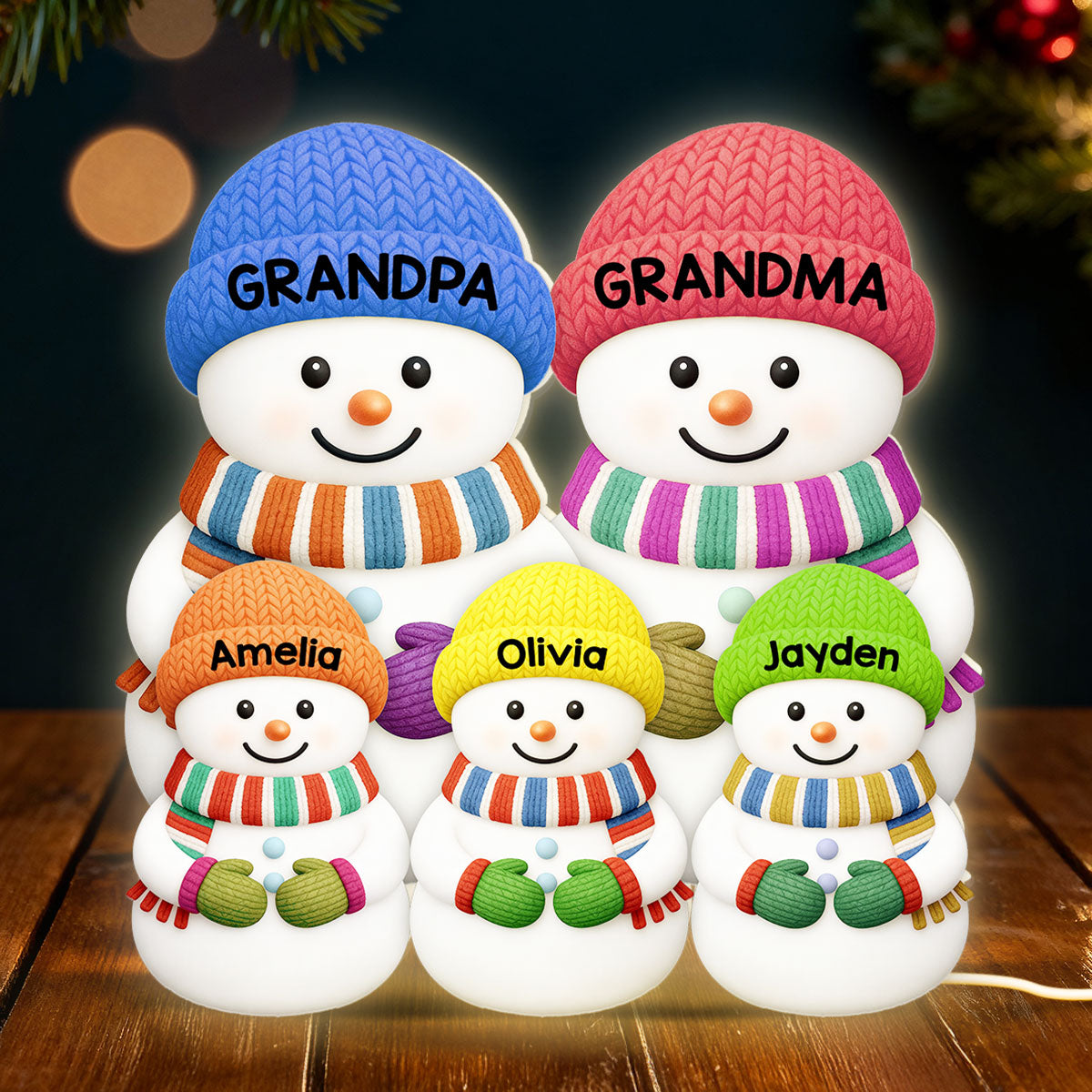 Heartwarming Christmas Grandma Grandpa Grandkids Snowman Together - Personalized Light Box