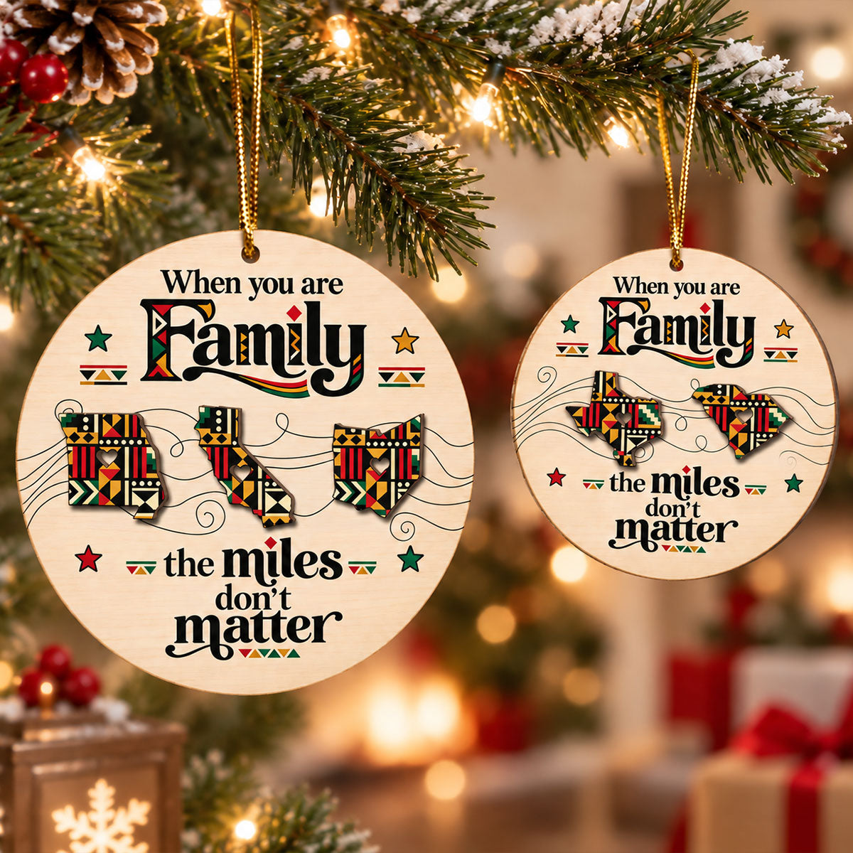 Tribal Pattern Family Miles Don't Matter Long Distance - Personalized 2-Layered Wooden Ornament - Christmas Gift For Family Members