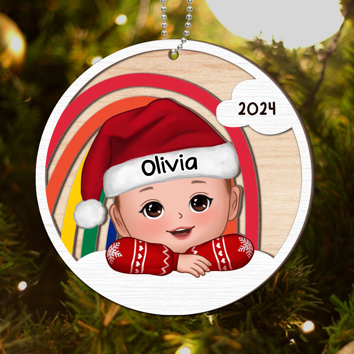 Cute Kid Rainbow Christmas Decor For Son Daughter Grandchildren Personalized 2-Layer Wooden Ornament