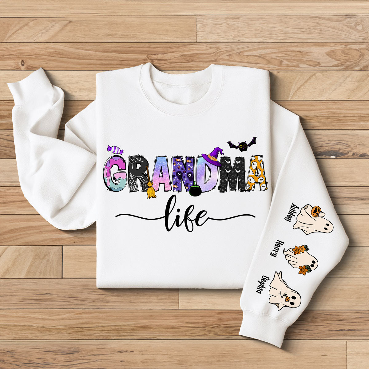 Halloween Grandma Nana Life Personalized Sleeve Printed Sweatshirt