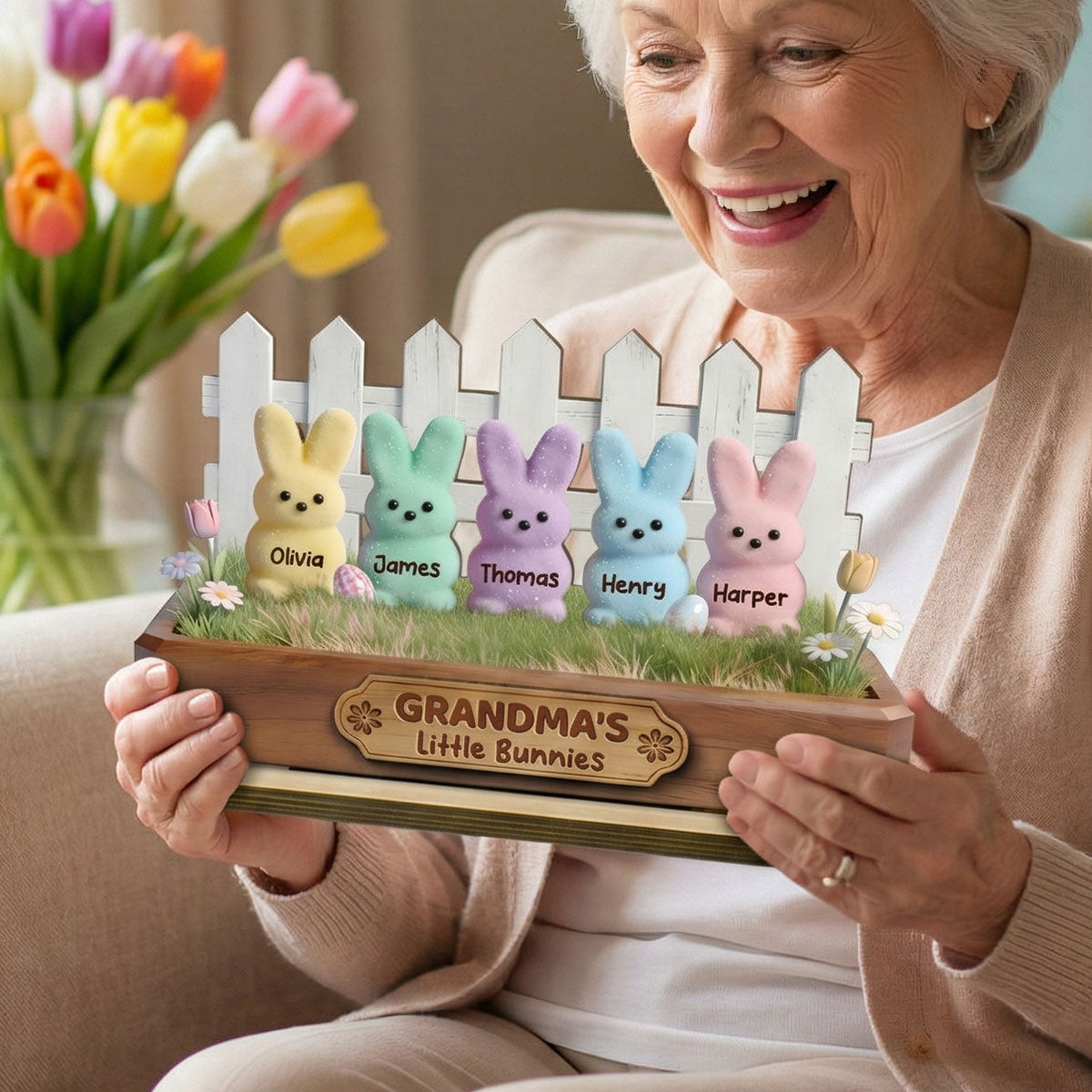 Easter Grandma Little Bunnies - Personalized 2-Layered Wooden Plaque - Easter Gift For Grandma, Easter Decoration