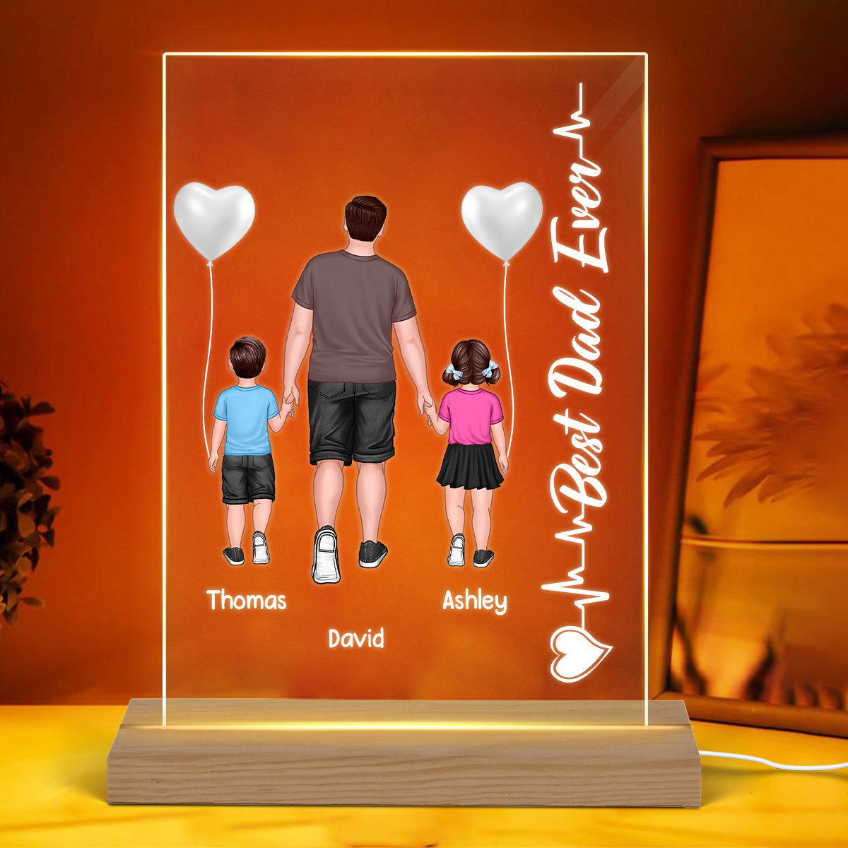 Dad And Kid Walking Heart Beat Personalized Rectangle Acrylic LED Night Light