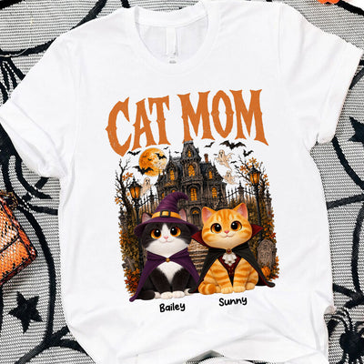 Retro Vintage Halloween Haunted House Cat Mom - Personalized Shirt - Halloween Gift For Cat Lovers
