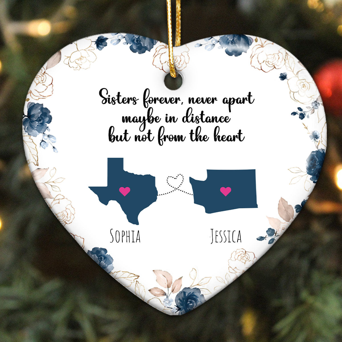 Sisters Forever Never Apart Personalized Ceramic Heart Ornament, Long Distance Togetherness Christmas Gift For Sisters, Siblings