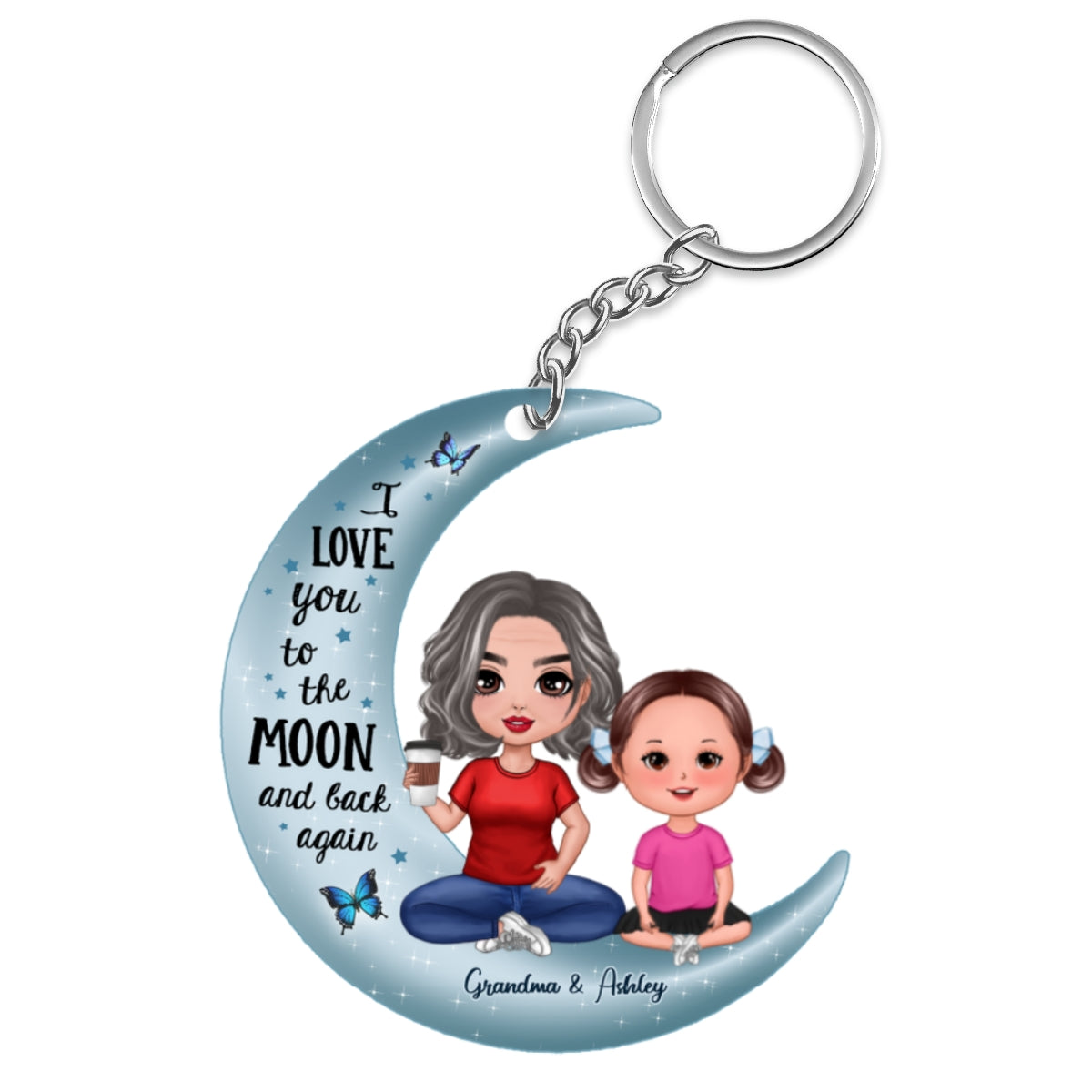 Doll Grandma & Grandkid On Moon Personalized Acrylic Keychain