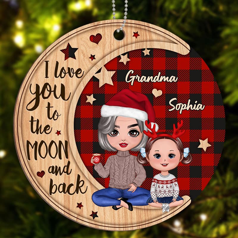 Checkered Pattern Doll Grandma & Grandkid On Moon Personalized Wooden Ornament